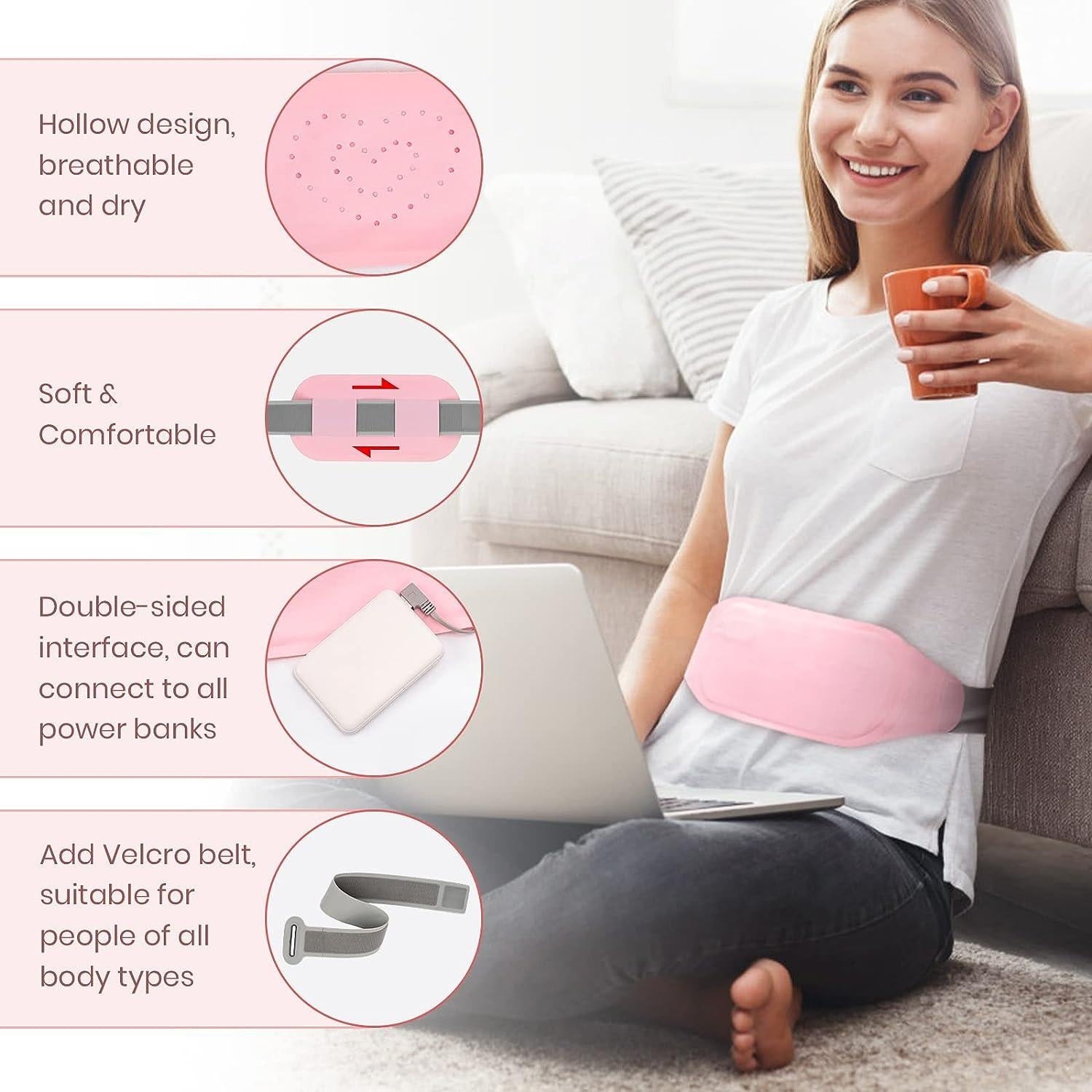 Cordless Menstrual Heating Pad for Cramps – Portable Period Pain Relief Belt with 3 Heat & Massage Modes