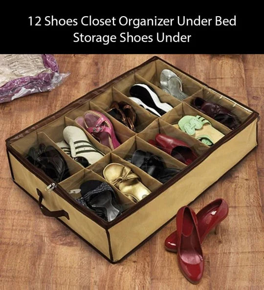 12-Compartment Under bed Shoe Organizer Portable Storage Bag