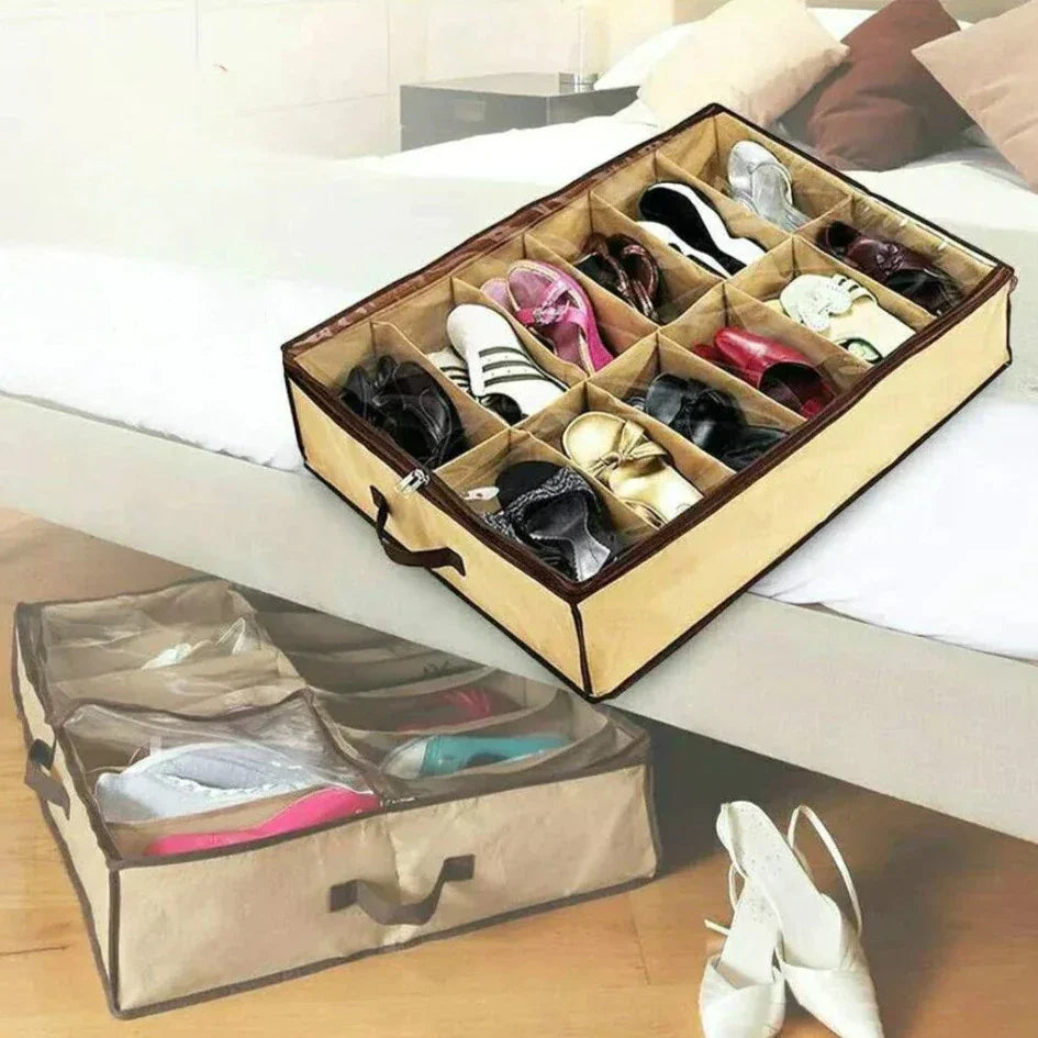12-Compartment Under bed Shoe Organizer Portable Storage Bag
